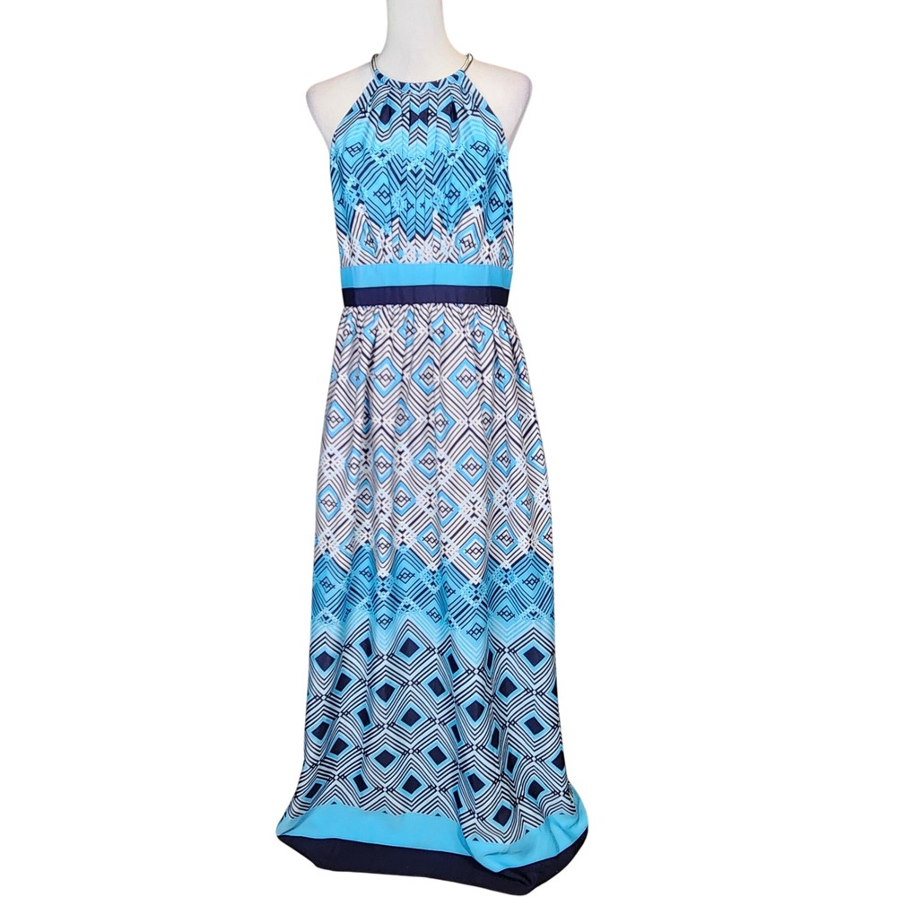 White House Black Market Halter Maxi Dress Womens 10 Blue Geometric Metal Collar
